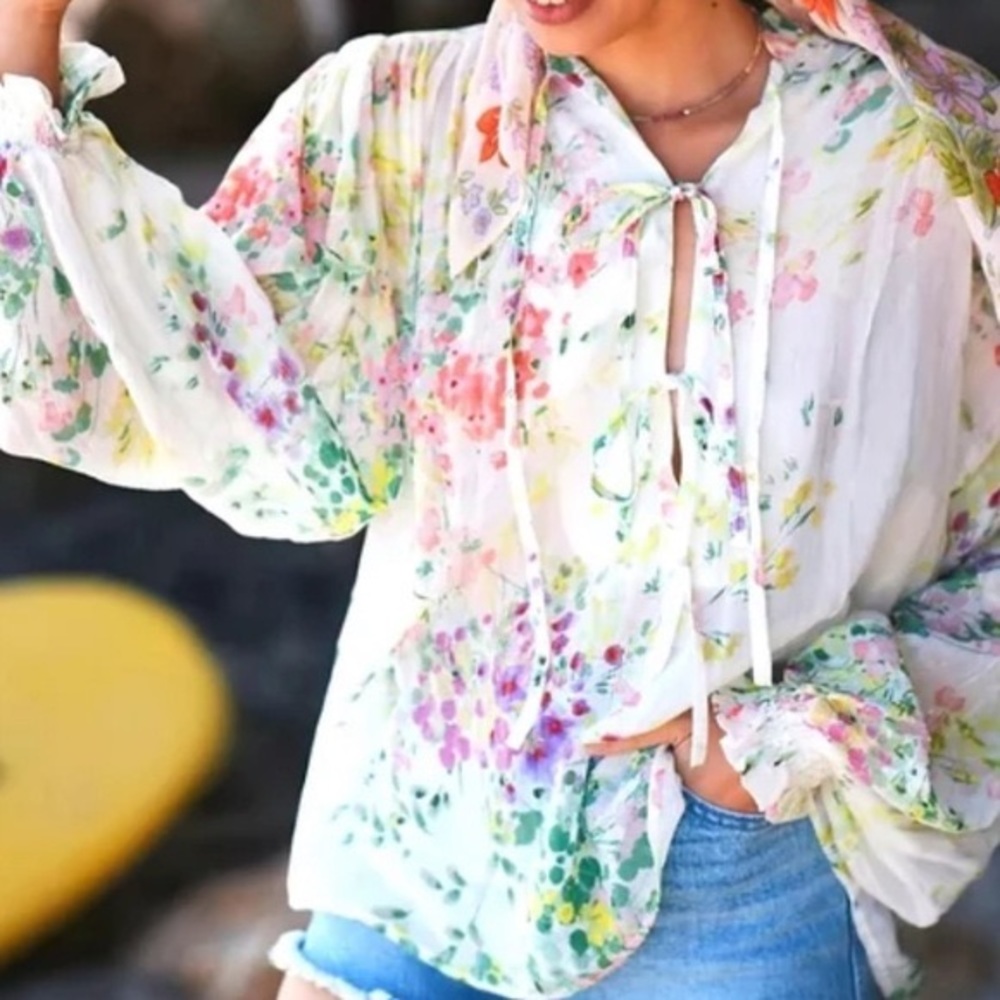 Anthropologie White Floral Tie-Front Blouse - Picture 3 of 13